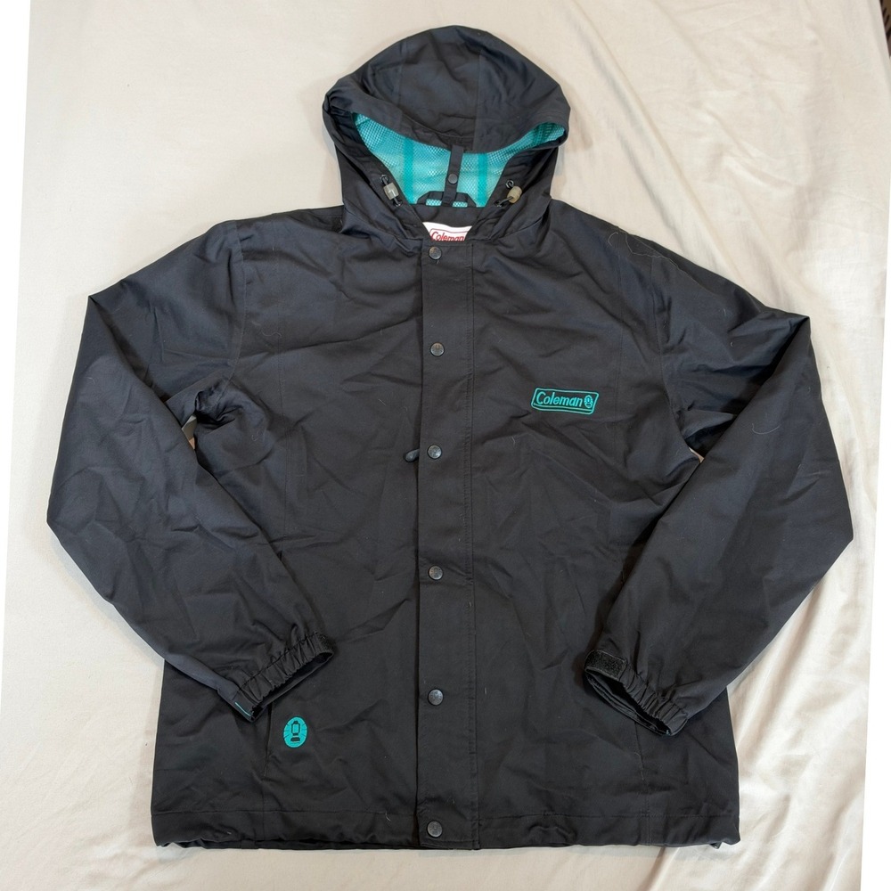 Coleman Hooded Rain Jacket S Black Teal Mesh Lined Snap Front Logo